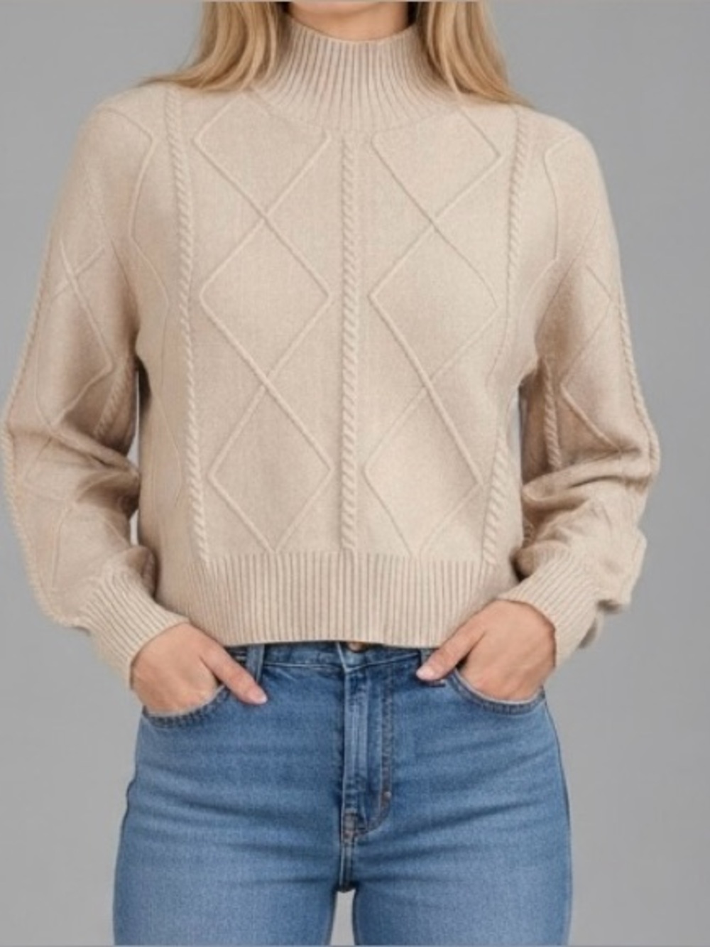 Mock Neck Cable Knit Sweater in Beige